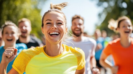 A cheerful group of runners participating in a vibrant outdoor marathon, symbolizing enthusiasm and community spirit in a lively environment under a sunny sky.