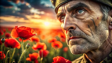 Obraz premium A weathered soldier gazes into the distance, his blue eyes reflecting the golden glow of the setting sun, while crimson poppies bloom in the field before him.