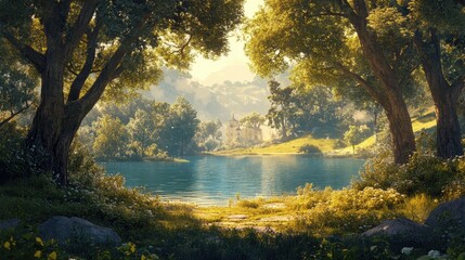 Fototapeta premium Tranquil landscape featuring grand trees a body of water and a distant building