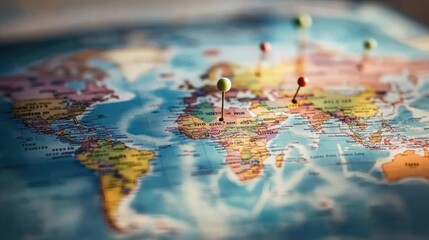 World Map with Push Pins Marking Locations