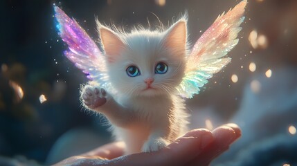 A White Kitten with Rainbow Wings in a Hand