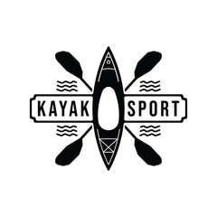 Vintage kayak logo design. with a retro-style illustration of a kayak with paddles and waves.