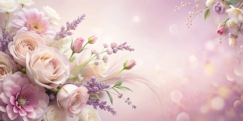 A delicate arrangement of pastel roses and blooming buds against a soft pink background with bokeh effect