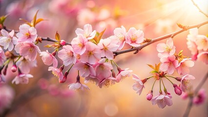 Delicate Pink Blossoms Illuminated by Warm Sunlight, Their Petals Softly Unfurling, Creating a Symphony of Springtime Charm