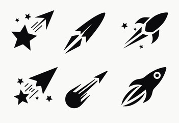 nique Black Shooting Star Symbols - Flat Vector Icons of Falling Stars and Comets for Eye-Catching Graphic Designs