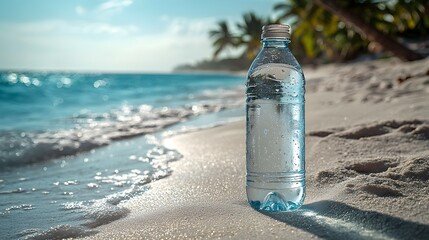 Refreshing Bottled Water on a Tropical Beach During Sunset Nature Scene Vibrant Environment Close-Up Perspective