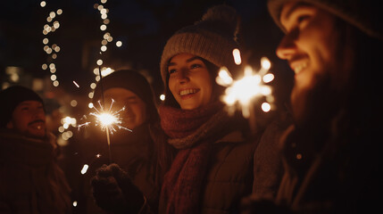 Fototapeta premium Friends in winter hats and scarves holding sparklers, outdoor celebration
