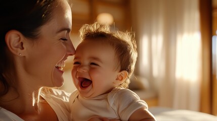 A mother lovingly holds her laughing baby, captured in natural light, depicting warmth, affection, and a joyful connection between parent and child.