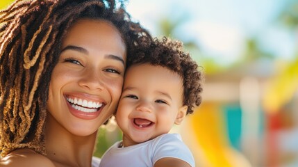 Fototapeta premium A vibrant scene depicting a radiant mother and her giggling baby, expressing positive energy and a deep emotional connection surrounded by bright colors.