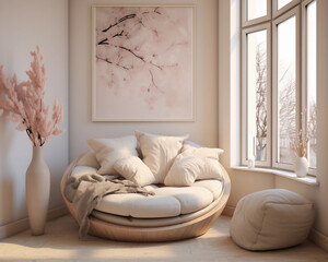 Modern Living Room Interior Design with Round Sofa and Window