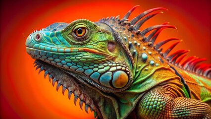 Fototapeta premium A vibrant lizard with scales of emerald, sapphire, and ruby, bathed in the glow of a warm sunset.
