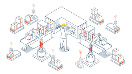 Smart warehouse automation integrates robotic systems and AGVs with sensors and AI to streamline material handling, navigation, and transport operations. Vector illustration EPS 10