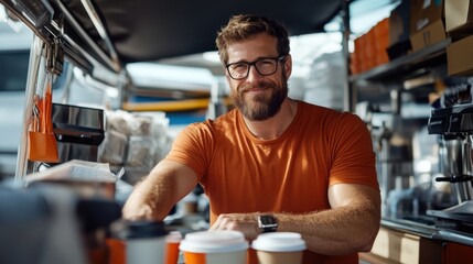 Fototapeta premium A bearded barista in a bright orange shirt smiles warmly while serving coffee in a cozy cafe, where an array of coffee-making equipment creates a bustling scene.