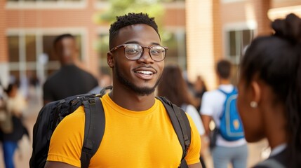 Fototapeta premium A confident student with glasses and backpack interacts with peers on a sunny university campus, embodying the spirit of academic collaboration and youth.