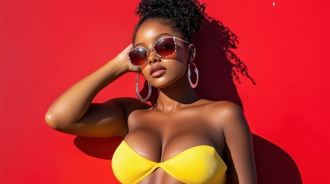 A woman wearing a yellow bikini and sunglasses stands against a vibrant red wall, showcasing a bold style statement under bright sunshine with elegance and poise.