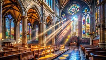 Naklejka premium Sunlight streams through stained glass windows, illuminating the rows of pews in a grand, arched church.