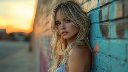 Naklejka premium A young woman with long blonde hair leans against a brick wall, looking at the camera.