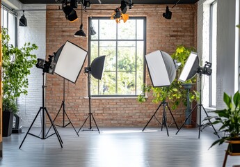 Empty photo studio with white brick wall and window, ready for shooting.