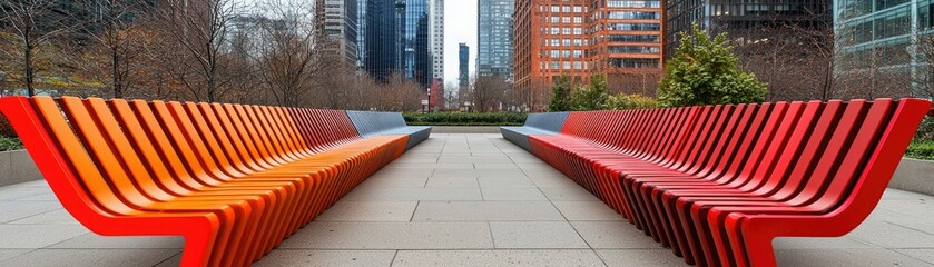 A vibrant outdoor seating area features colorful benches with a modern design, set against an urban backdrop of tall buildings.