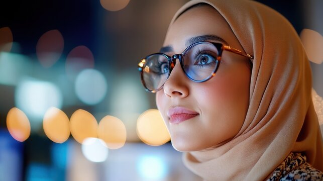 A thoughtful woman in a beige hijab and glasses gazes into the distance, representing hope and curiosity amidst a softly blurred, illuminated background.