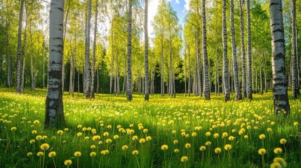 Obraz premium Luminous Spring Birch Forest with Vibrant Green Grass and Dandelions Serene Natural Scenery