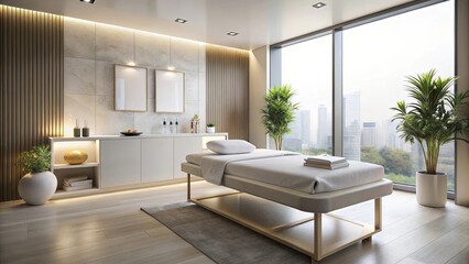 Fototapeta premium A minimalist treatment room with a white cushioned treatment table, wooden accents, and a view of the city through large windows.