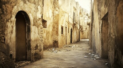 Obraz premium A narrow, weathered alleyway with old buildings and scattered debris.