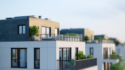 Modern residential buildings with sleek designs and green terraces in a serene urban setting.