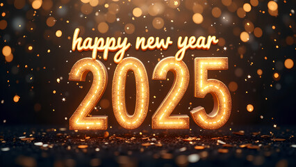 Glowing 2025 with confetti and bokeh lights. Happy new year greeting card.