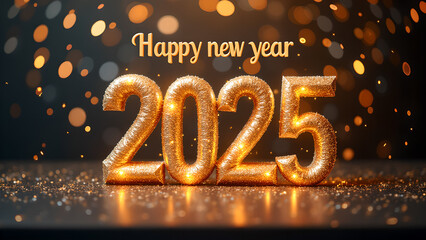 Golden 2025 New Year's celebration with bokeh lights and confetti. Perfect for greeting cards, social media, and festive designs.