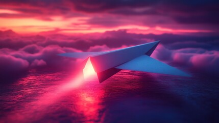 paper plane with dark neon light effect 3d rendering