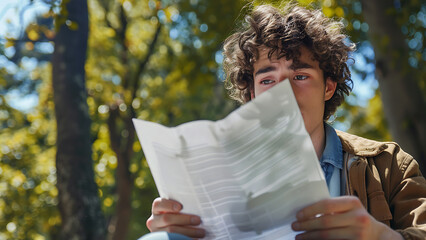 Young Man Smiling While Reading a Letter Outside