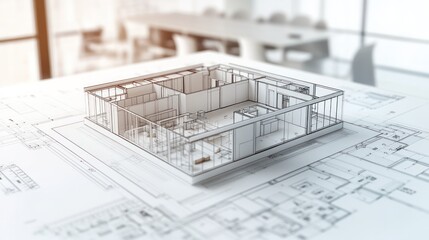 Architectural model on blueprints for design and planning.