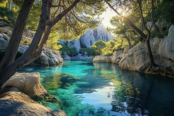 Tranquil turquoise water surrounded by rocky cliffs and trees, with sunlight streaming through the canopy.