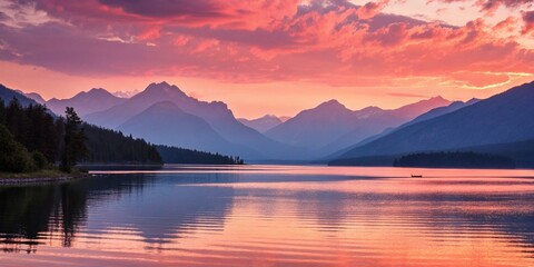 Fototapeta premium Calm lake surrounded by mountains at sunset, with pink and orange sky reflections.