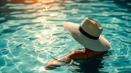 Relaxation by the Pool, A woman wearing a black bikini top and a wide-brimmed hat swims leisurely in a crystal-clear pool, enjoying the warmth of the sun.