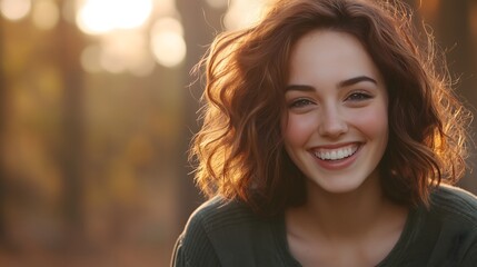 Obraz premium A young woman with curly hair laughs heartily while surrounded by vibrant autumn foliage in a sunlit forest. Her joy radiates, creating a warm, inviting atmosphere.