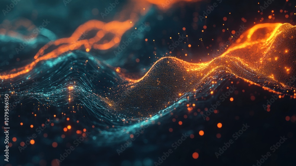Poster 3d rendering of abstract particles. Futuristic wave with depth of field and bokeh. - Generated AI