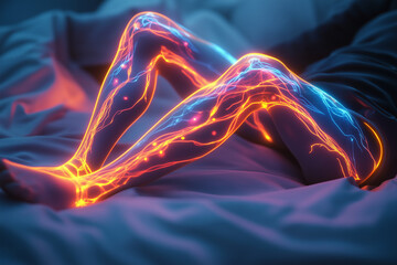 A depiction of the sensation of Restless Legs Syndrome, also known as Willis-Ekbom disease. The feeling of legs creeping, crawling, painful, on fire, and thus not able to sleep.