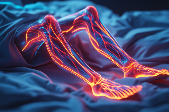 A depiction of the sensation of Restless Legs Syndrome, also known as Willis-Ekbom disease. The feeling of legs creeping, crawling, painful, on fire, and thus not able to sleep.