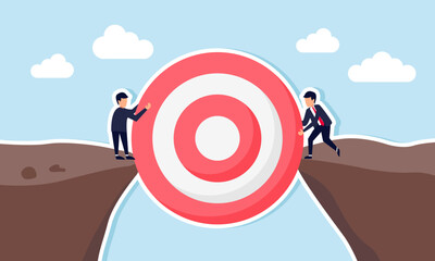 two businessmen standing at opposite ends of a cliff lifting a giant target board together, illustration of a joint venture to accomplish major business goals collaboratively