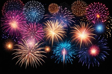 Naklejka premium Colorful fireworks lighting up the night sky in celebration, with bright explosions and sparkling stars, perfect for a festive holiday or New Year's event