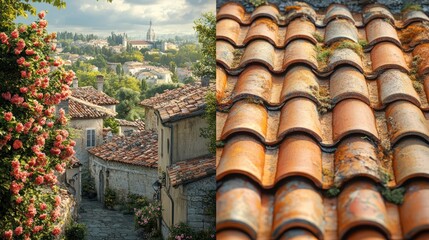 Fototapeta premium A picturesque view of a European town with red tile roofs and blooming roses.