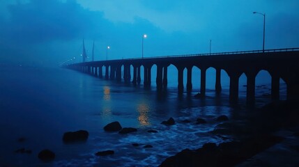 Obraz premium A long pier with arches stretches out into the foggy water, lit by streetlamps and a distant tower, casting a mystical glow.