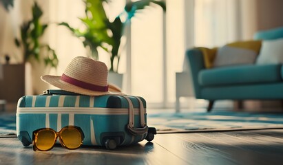 A lighthearted approach to the summer vacation concept, a suitcase with and a hat on the floor in a living room, a stock photo,