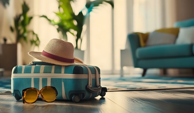 A lighthearted approach to the summer vacation concept, a suitcase with and a hat on the floor in a living room, a stock photo,