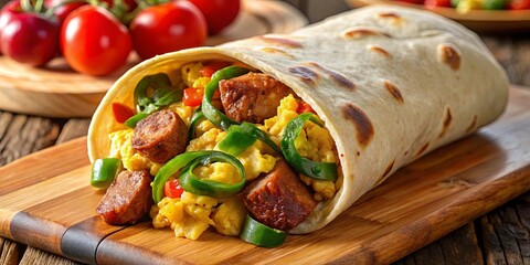 A freshly rolled breakfast burrito bursting with savory sausage, fluffy scrambled eggs, and vibrant green peppers, all nestled in a warm tortilla on a rustic wooden board.