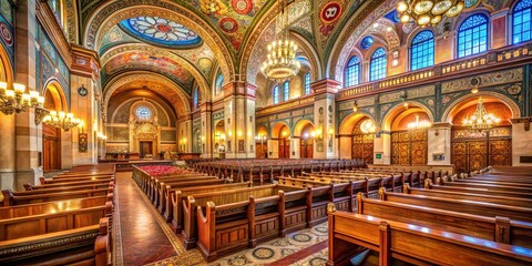 Obraz premium A sanctuary of ornate arches, stained glass, and intricate details, bathed in the warm glow of golden chandeliers, inviting quiet contemplation and reverence.