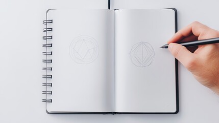 A hand sketching in a blank notebook with a pen.