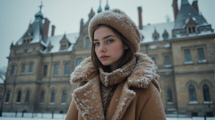 Young Woman in Cozy Winter Outfit Stands Outside Historic Building Covered in Snow During a Chilly Afternoon, Embracing Cold Weather, Fashion, Beauty, and Serene Snowfall